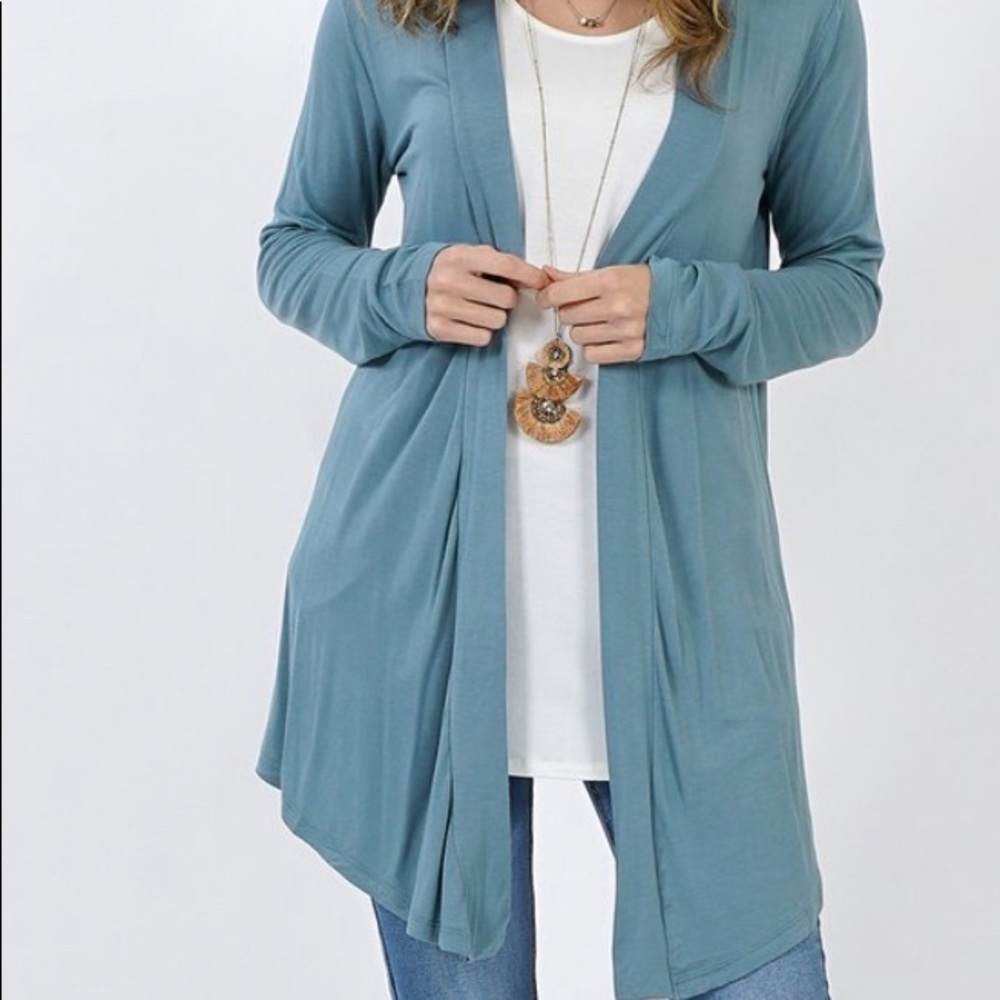 Blue Grey Drape Front Open Cardigan Soft